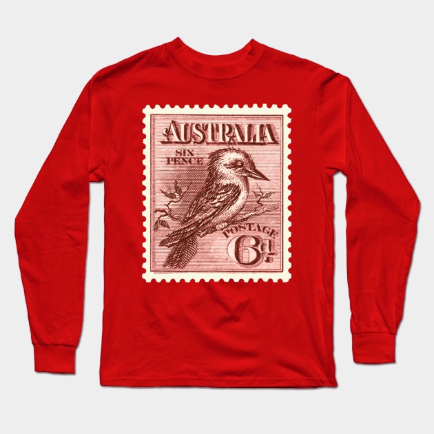 Red Kookaburra Postage Stamp Long Sleeve T-Shirt by Mark Richards